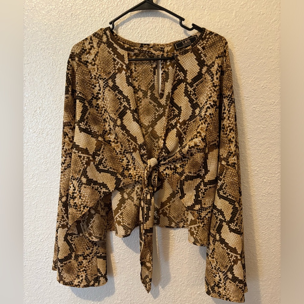 L&B Brown Snake Print Tie-Front Blouse